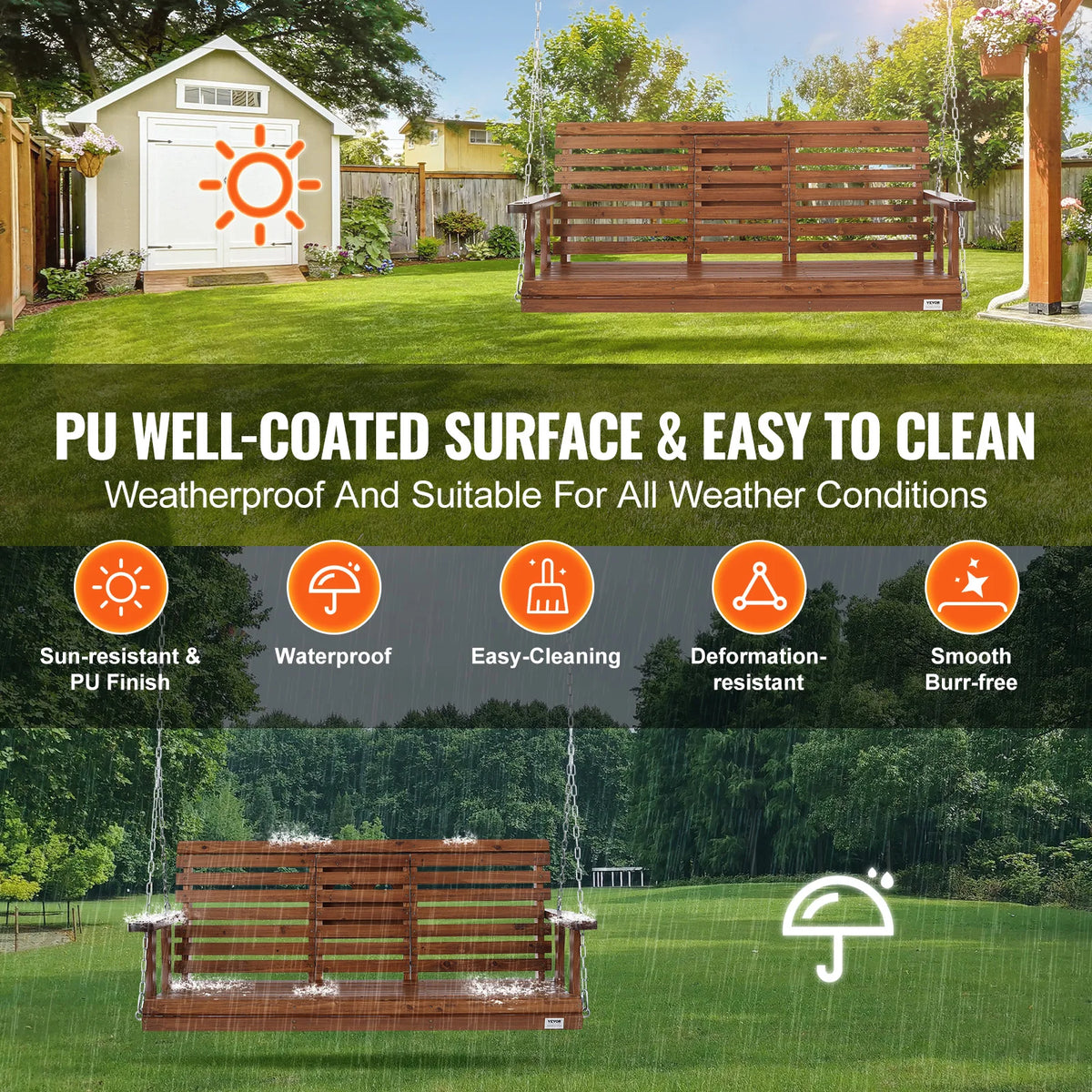 SucceBuy Wooden Porch Swing Bench for Patio Garden Outdoor Seating
