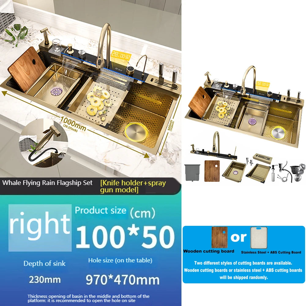 TELISIYA Stainless Steel Kitchen Sink With Waterfall Digital Display