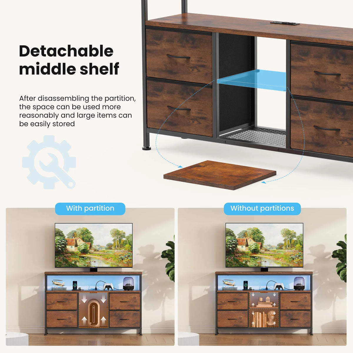JHK TV Stand Dresser With LED Lights And Power Outlets