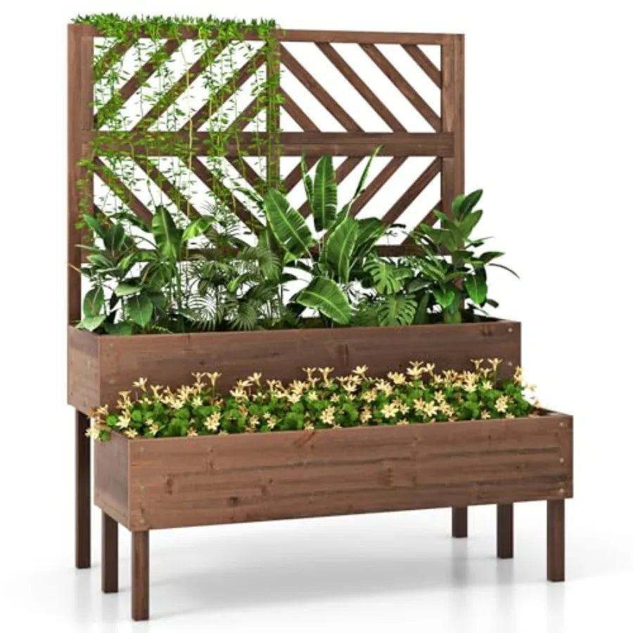 Outdoor Wooden Raised Garden Bed With Trellis And Planter Boxes