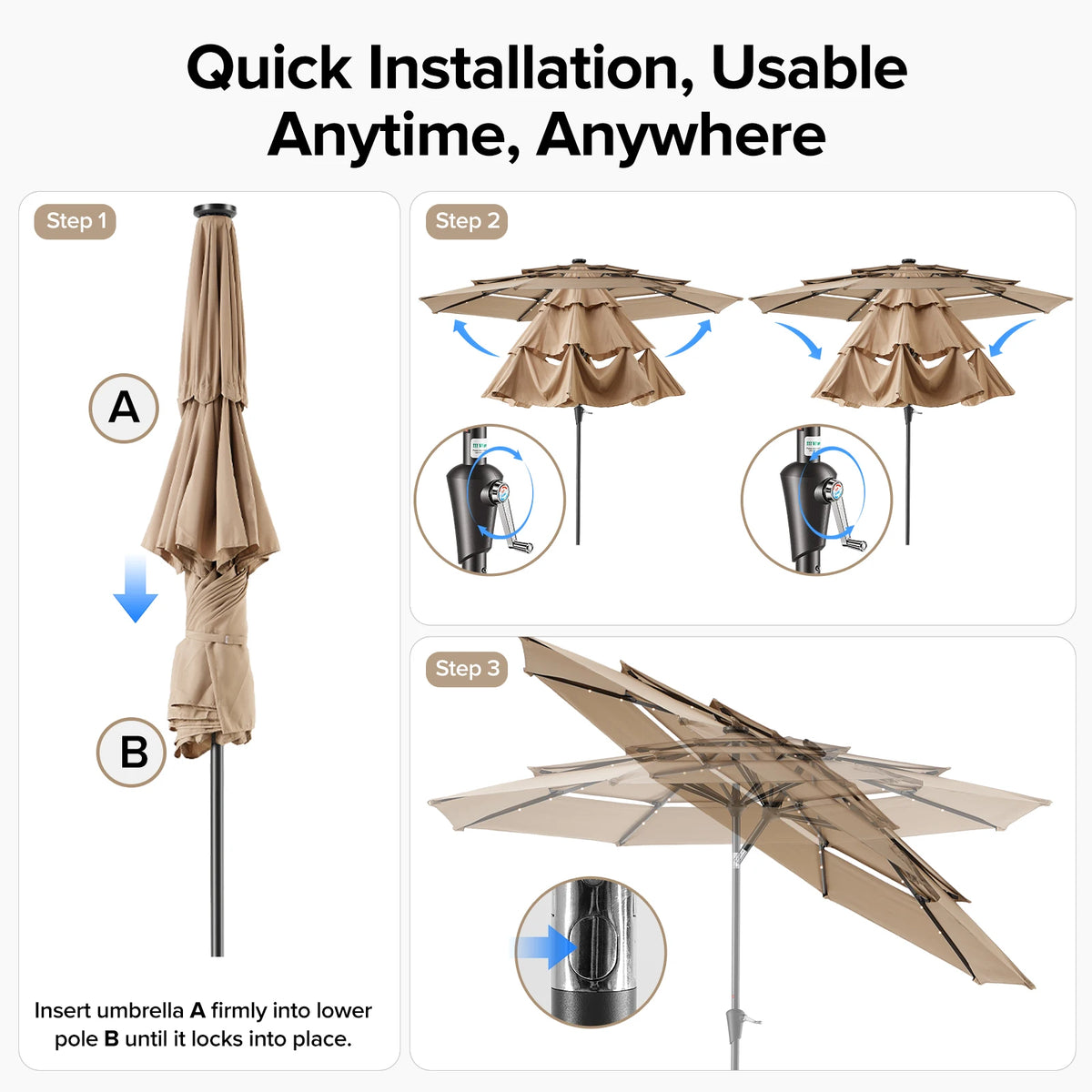 JHK Three Tier Patio Umbrella with LED Lights and Crank