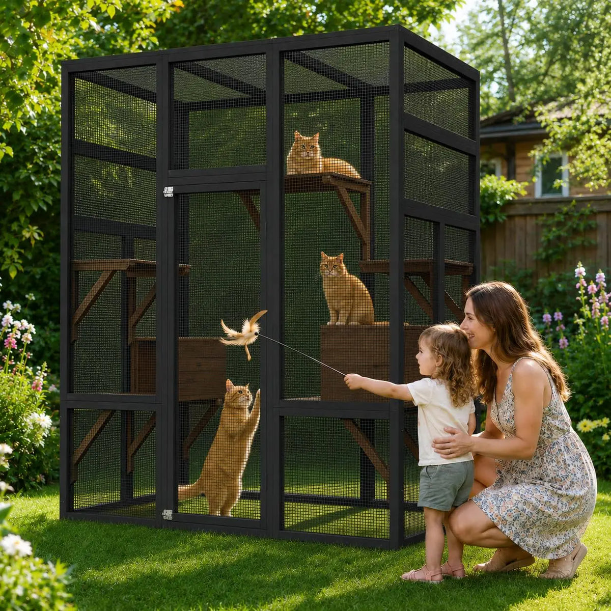 HiMISS Outdoor Wooden Cat Enclosure With Platforms And Resting Boxes