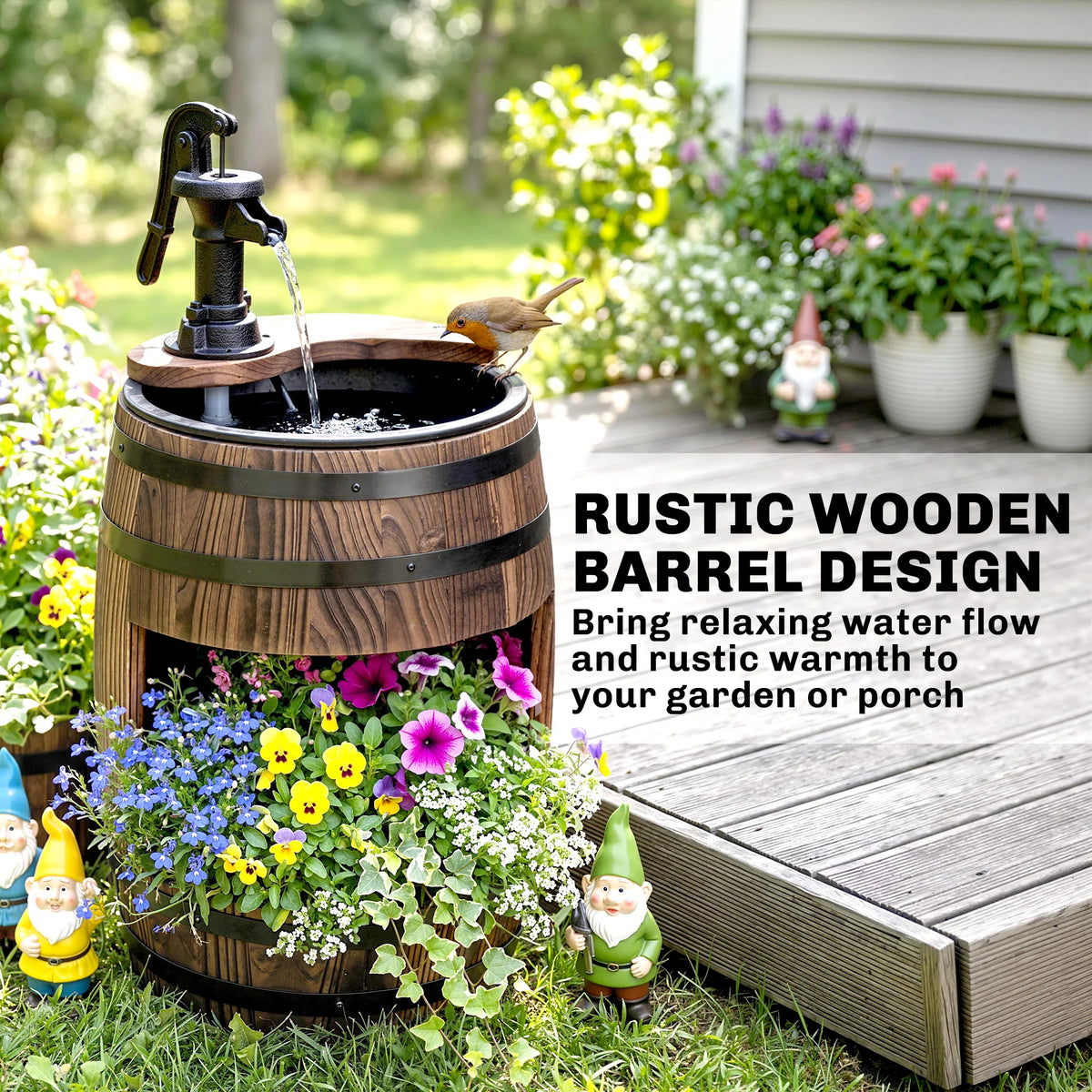 Outsunny Wooden Water Pump Fountain for Outdoor Garden Patio Decor