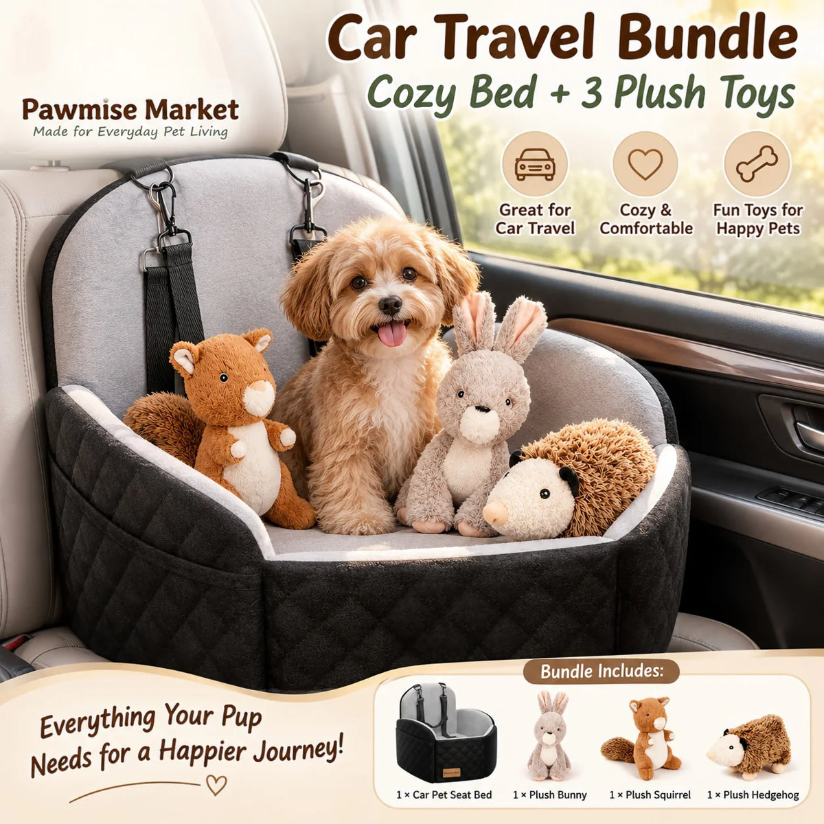 Cozy Dog Car Seat Travel Bed Set With Adjustable Straps