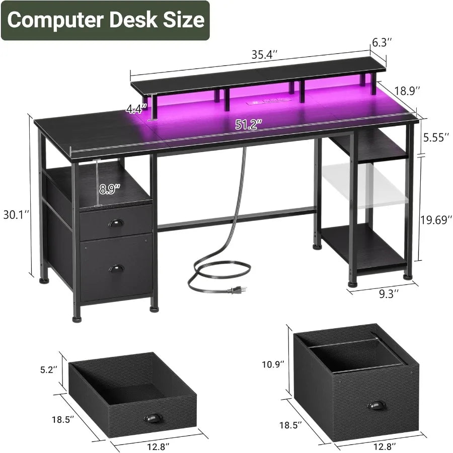 Gaming Computer Desk With Power Outlets And LED Lighting