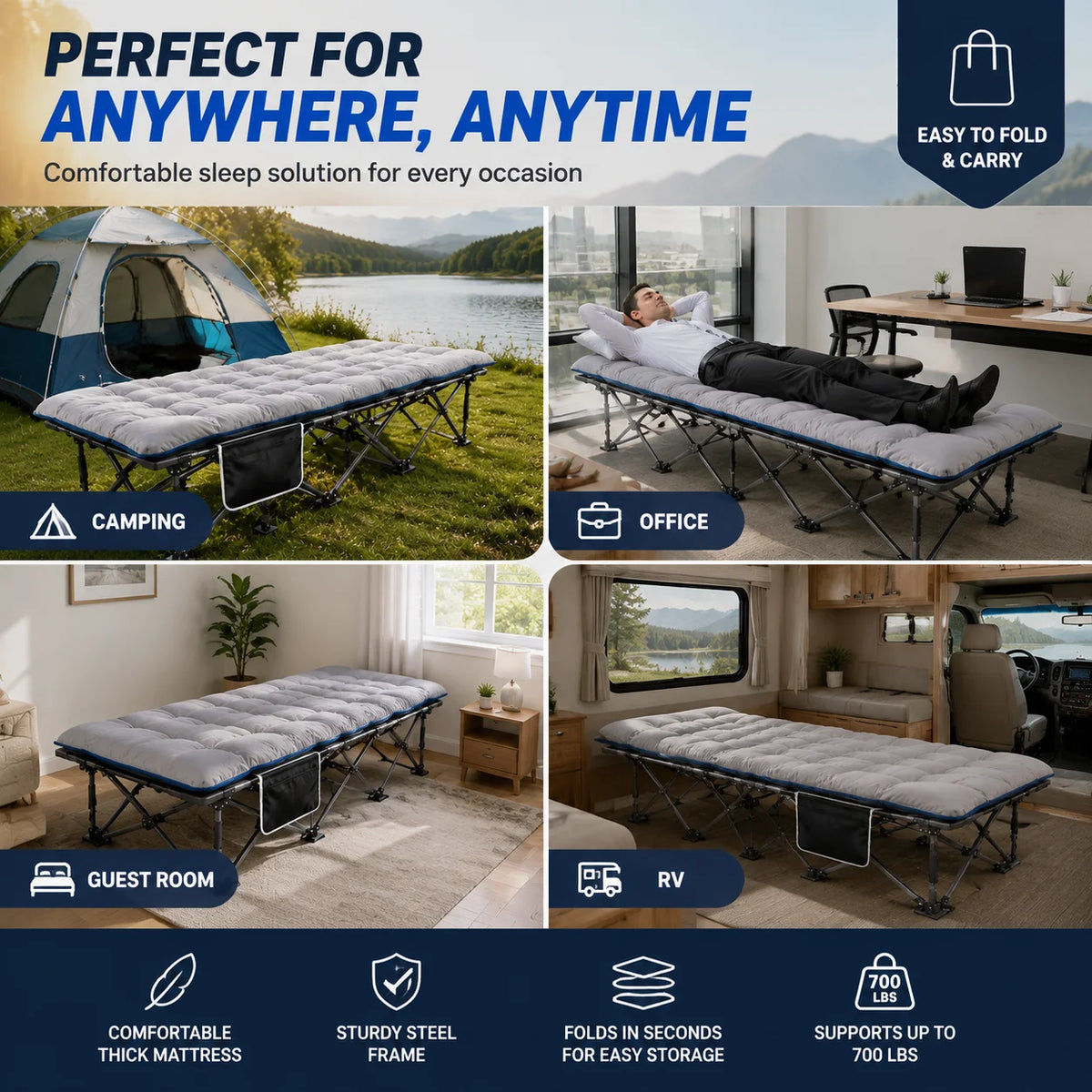 Folding Camping Cot With Thick Padded Mattress For Comfortable Sleep
