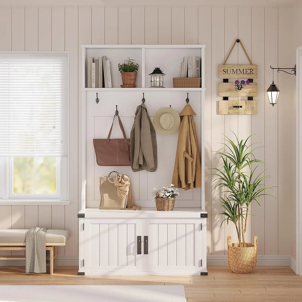 HiMISS Farmhouse Entryway Hall Tree With Bench And Shoe Storage