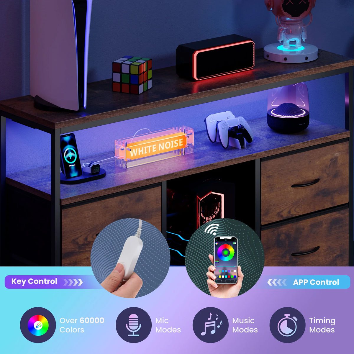 JHK TV Stand Dresser With LED Lights And Power Outlets