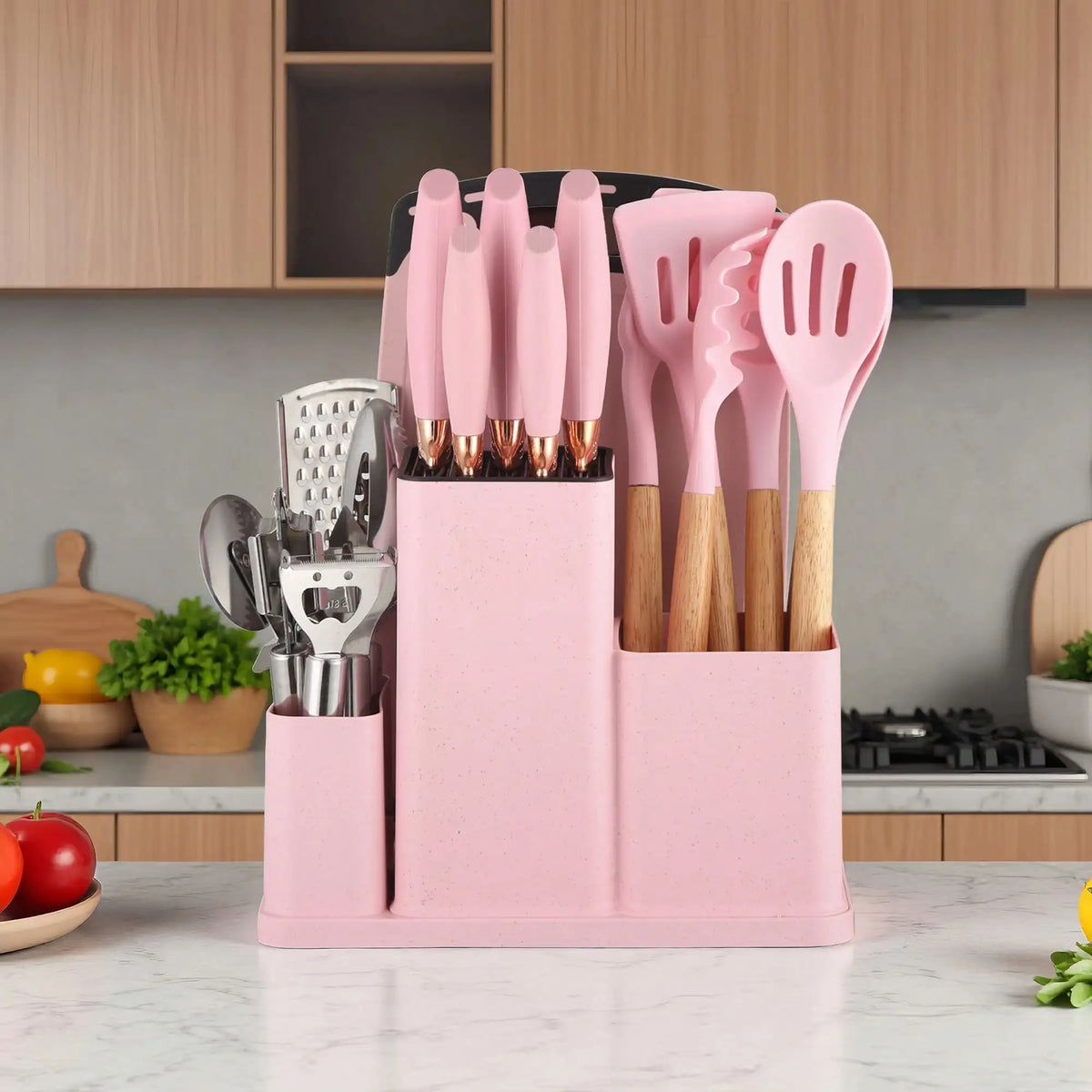 Silicone Cooking Utensil Set With Wooden Handles And Steel Accessories