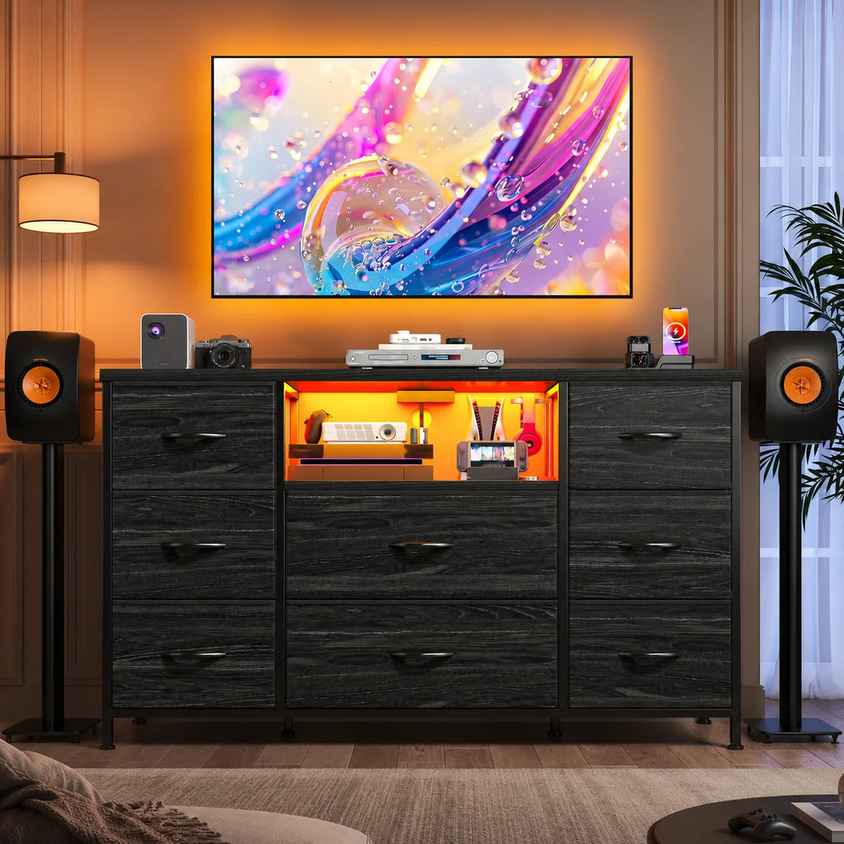 GALAXHERO Dresser With LED Lights Charging Station And Open Shelves