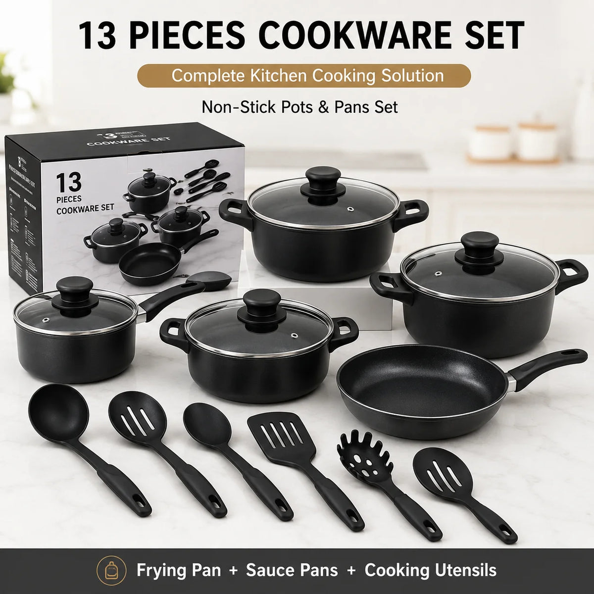 AHTOSKA Nonstick Stone Coated Cookware Set With Glass Lids