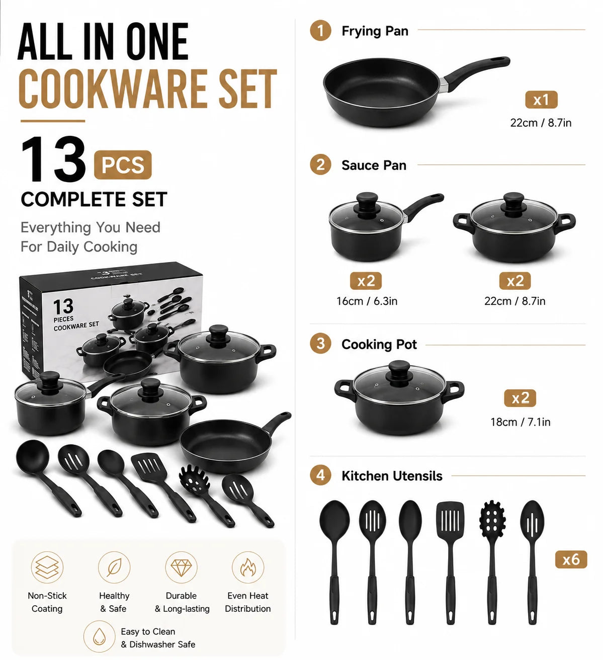 AHTOSKA Nonstick Stone Coated Cookware Set With Glass Lids