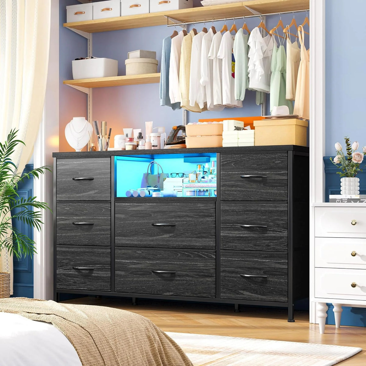 GALAXHERO Dresser With LED Lights Charging Station And Open Shelves