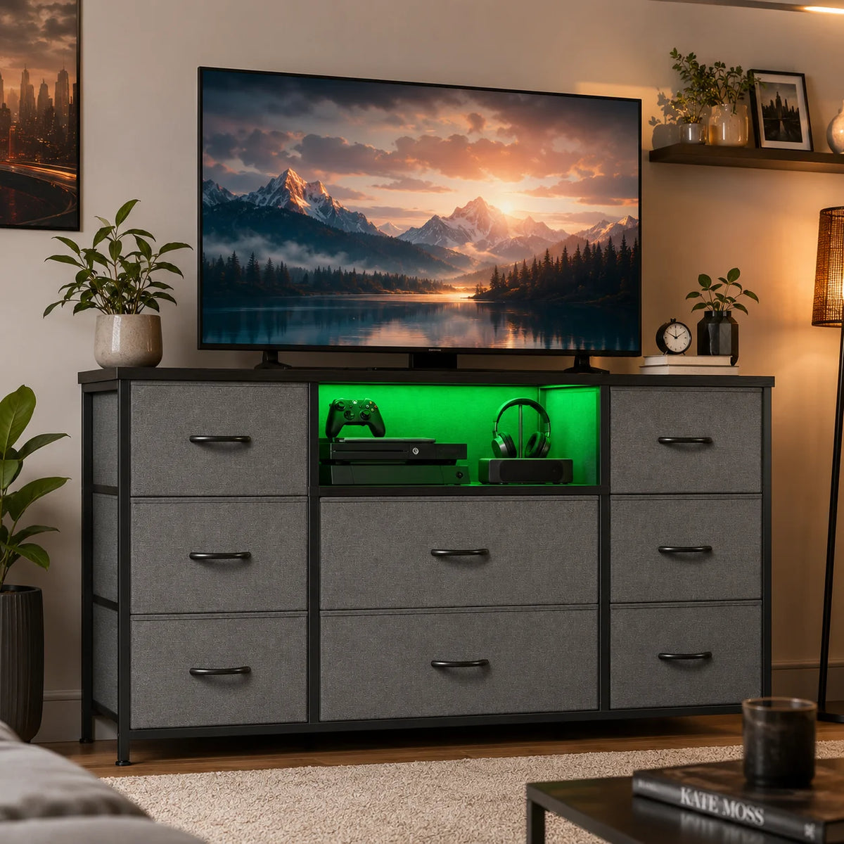 GALAXHERO Dresser With LED Lights Charging Station And Open Shelves