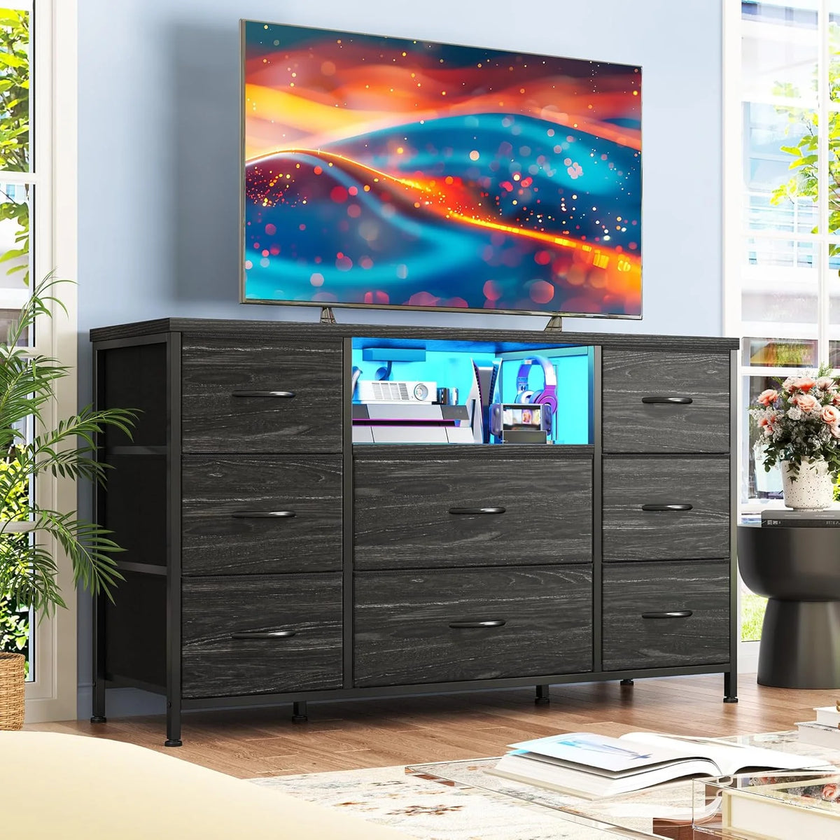 GALAXHERO Dresser With LED Lights Charging Station And Open Shelves