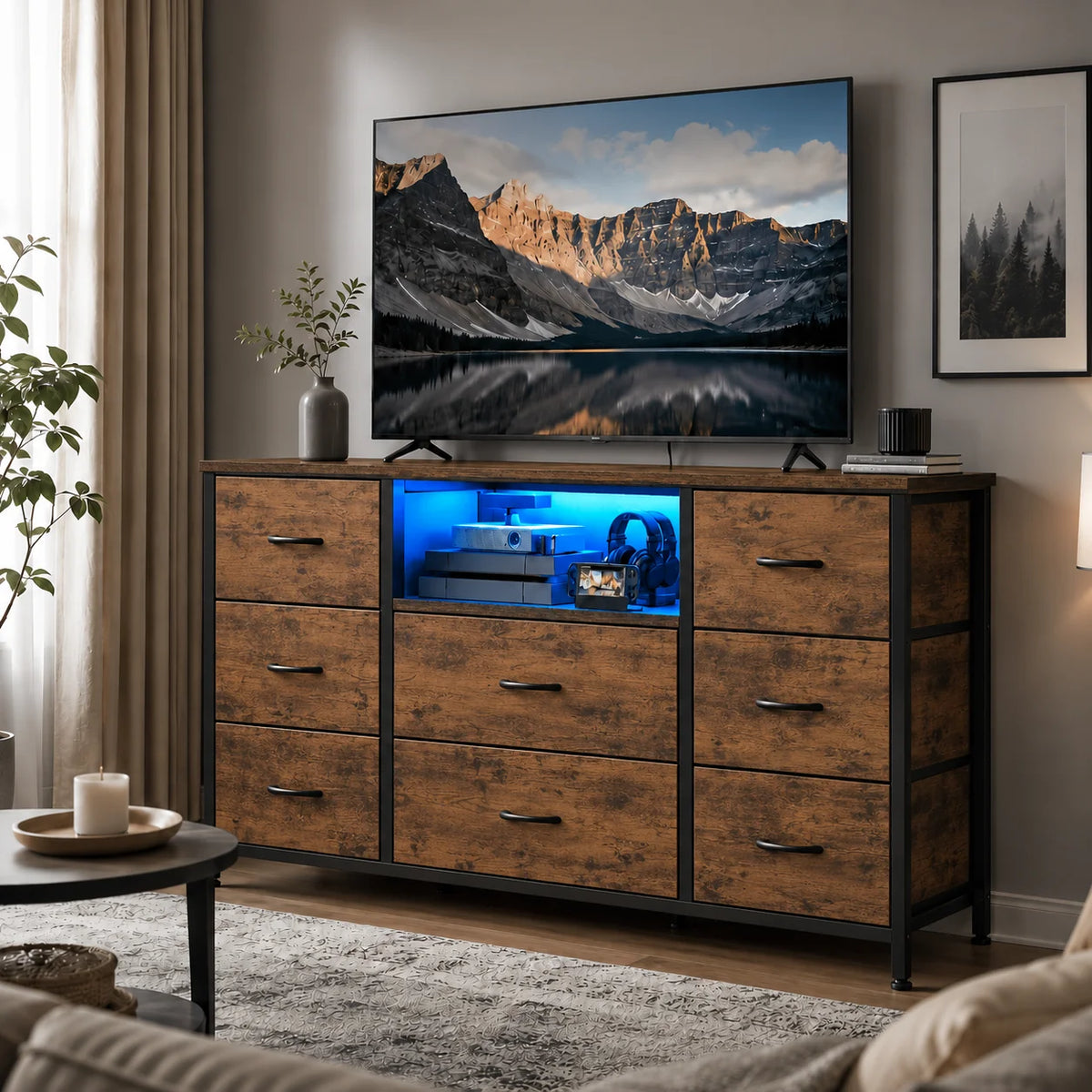 GALAXHERO Dresser With LED Lights Charging Station And Open Shelves