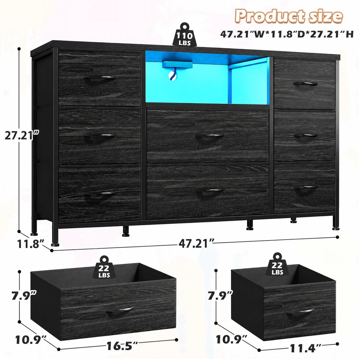 GALAXHERO Dresser With LED Lights Charging Station And Open Shelves