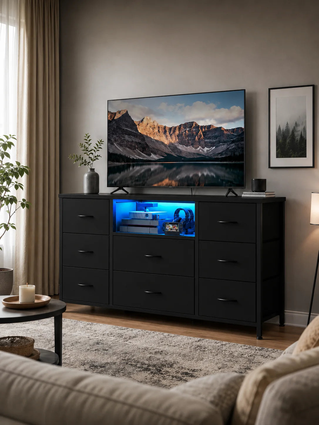 GALAXHERO Dresser With LED Lights Charging Station And Open Shelves