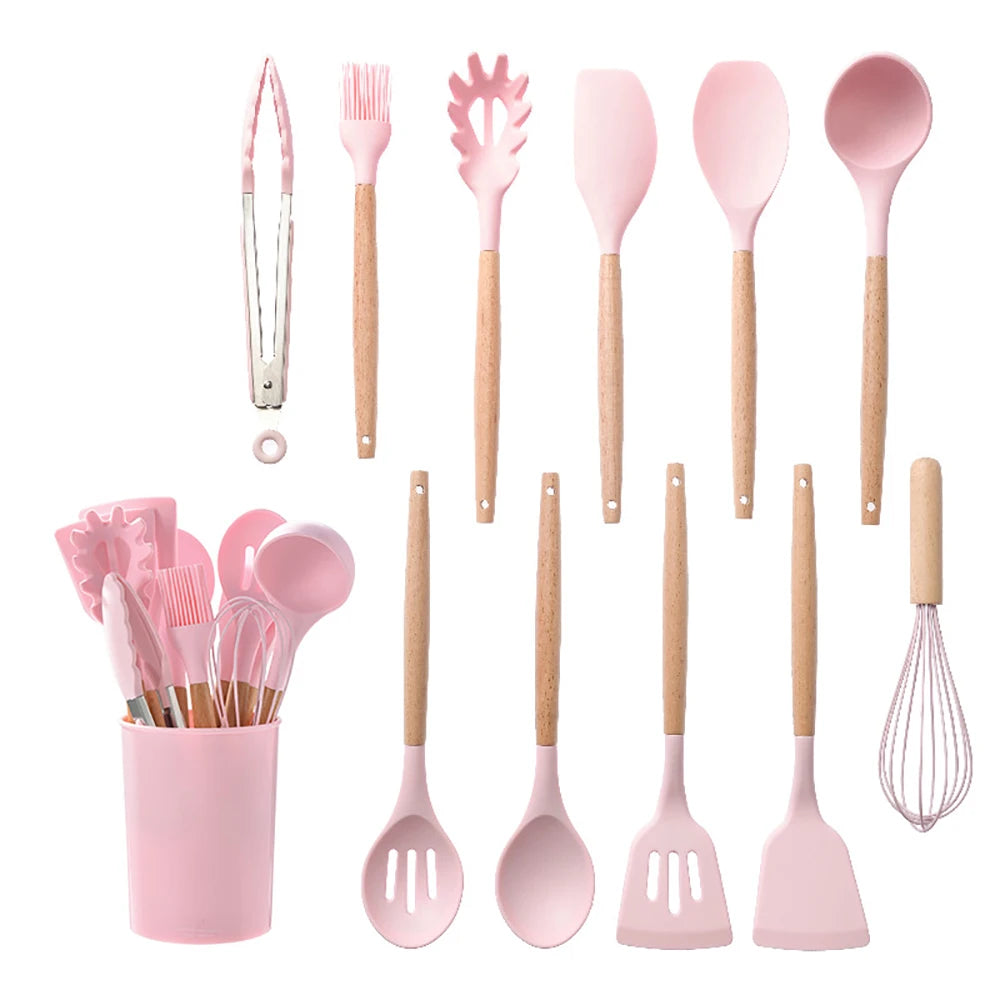 Silicone Kitchen Utensil Set With Wooden Handles For Nonstick Cookware