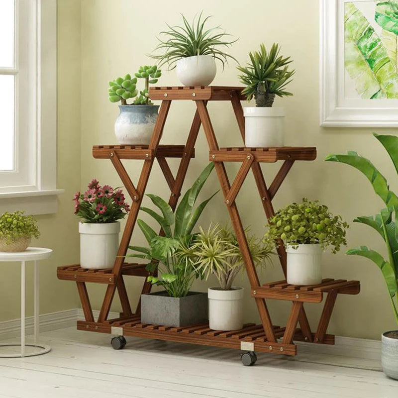 BINGOPAW Triangular Wooden Plant Stand With Multi Tier Shelves
