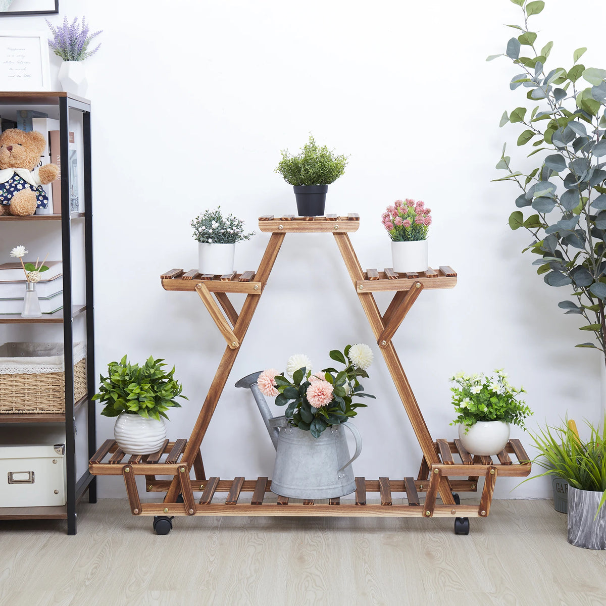 BINGOPAW Triangular Wooden Plant Stand With Multi Tier Shelves