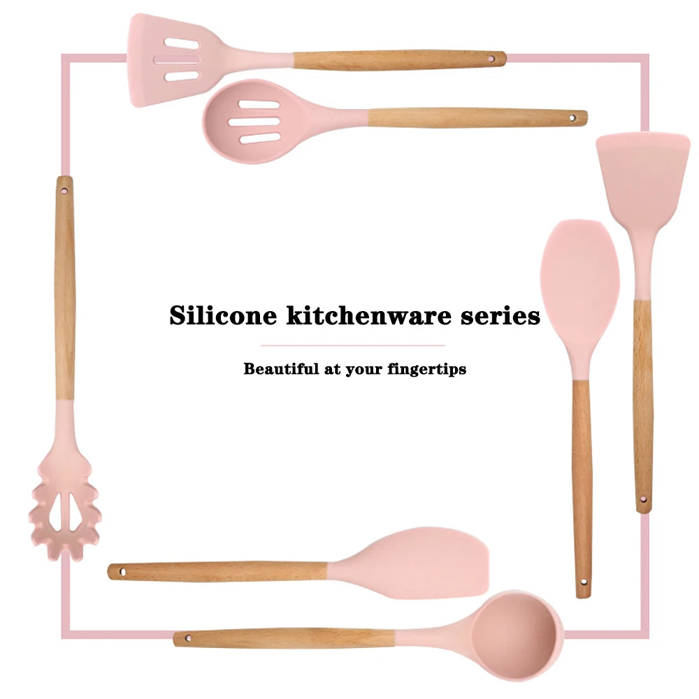 Silicone Kitchen Utensil Set With Wooden Handles For Nonstick Cookware