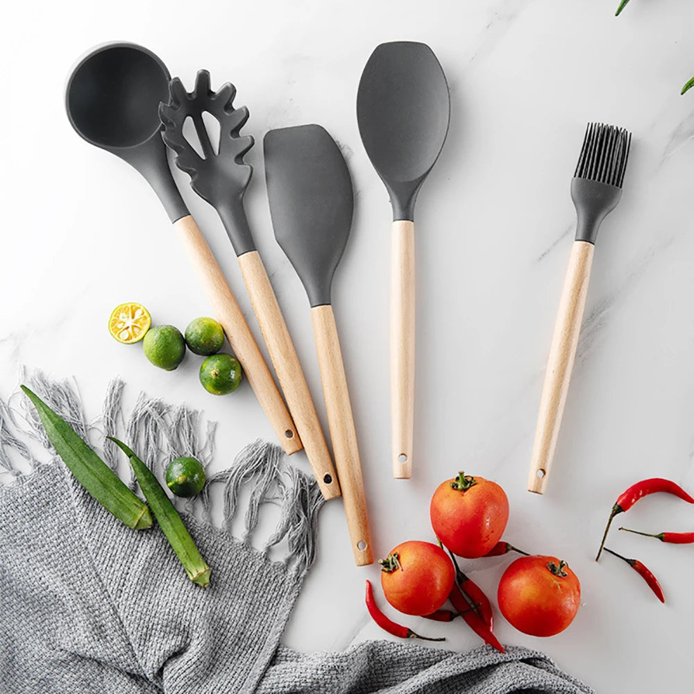 Silicone Kitchen Utensil Set With Wooden Handles For Nonstick Cookware