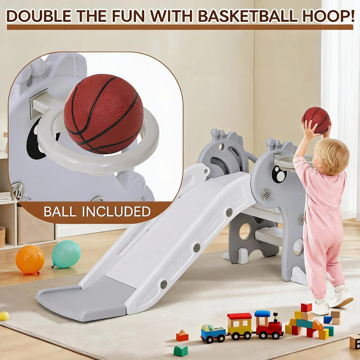HiMISS Toddler Slide With Basketball Hoop And Climber Playset