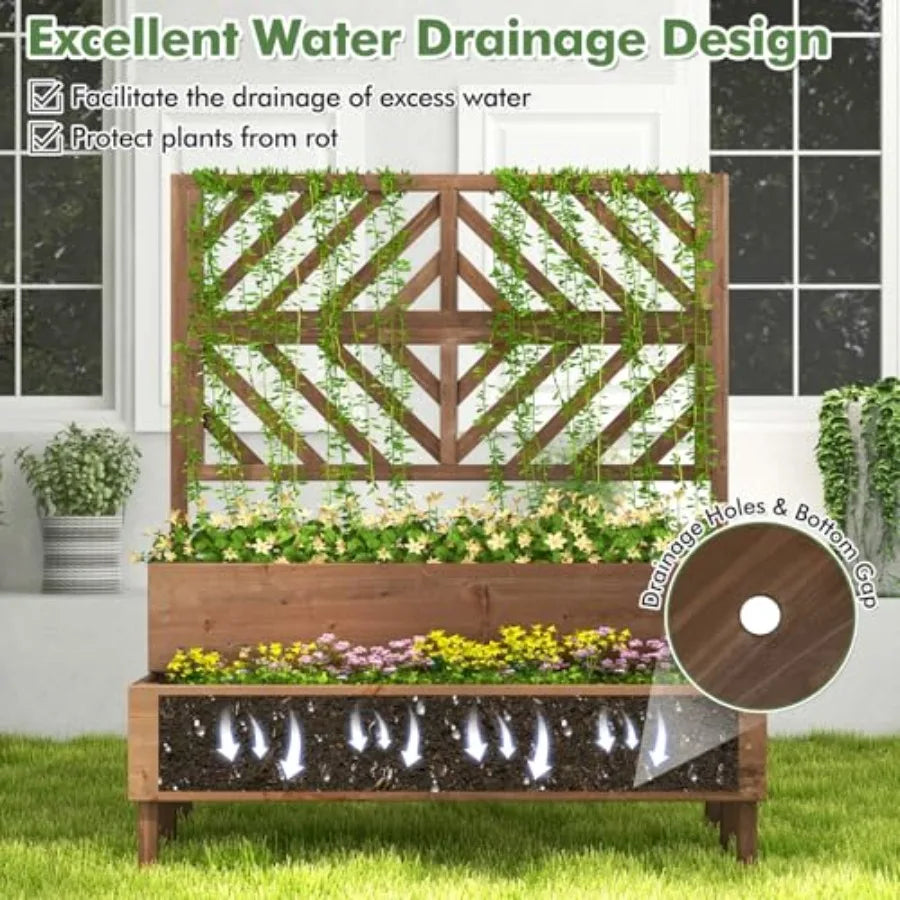Outdoor Wooden Raised Garden Bed With Trellis And Planter Boxes