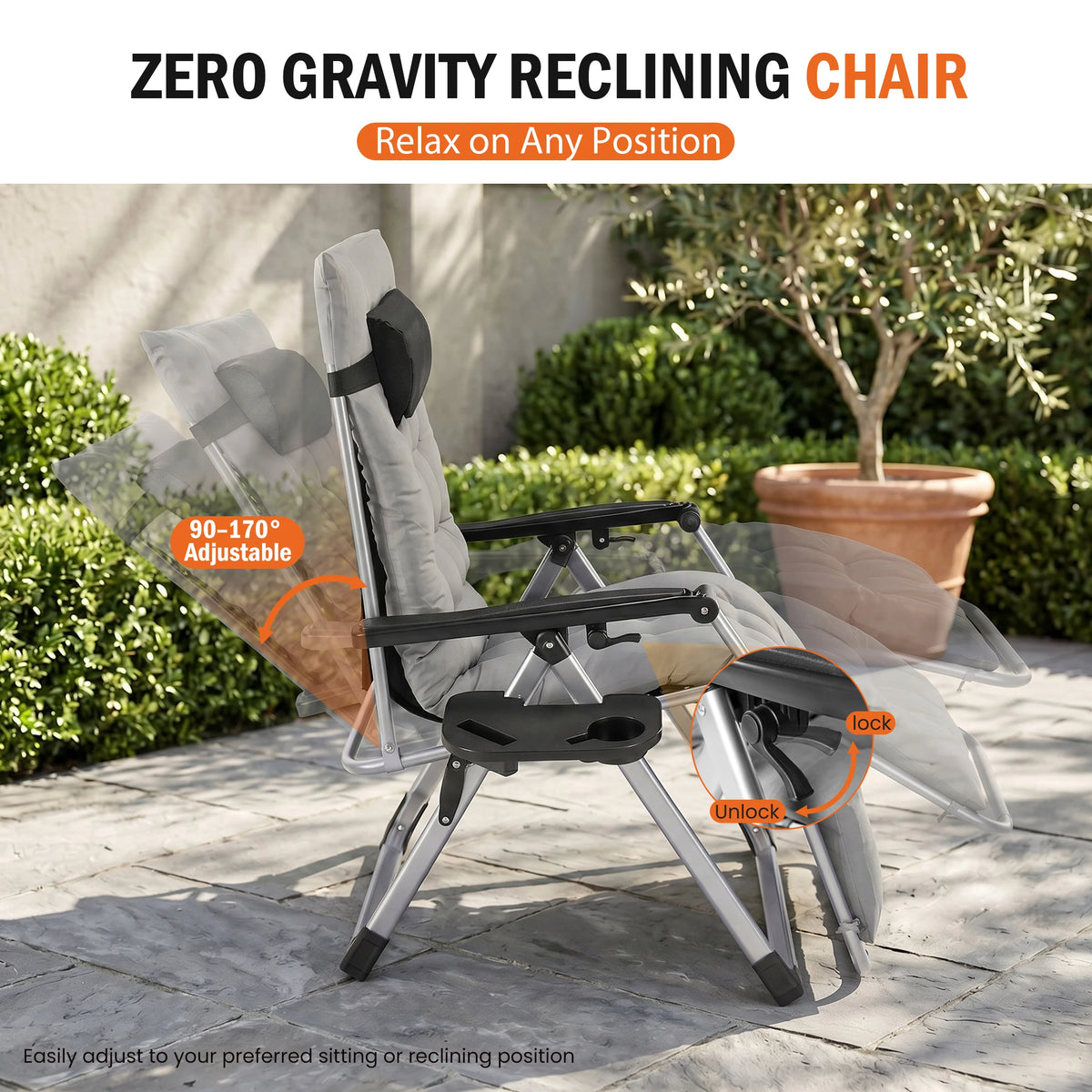 JHK Zero Gravity Folding Recliner With Cushion And Cup Holders