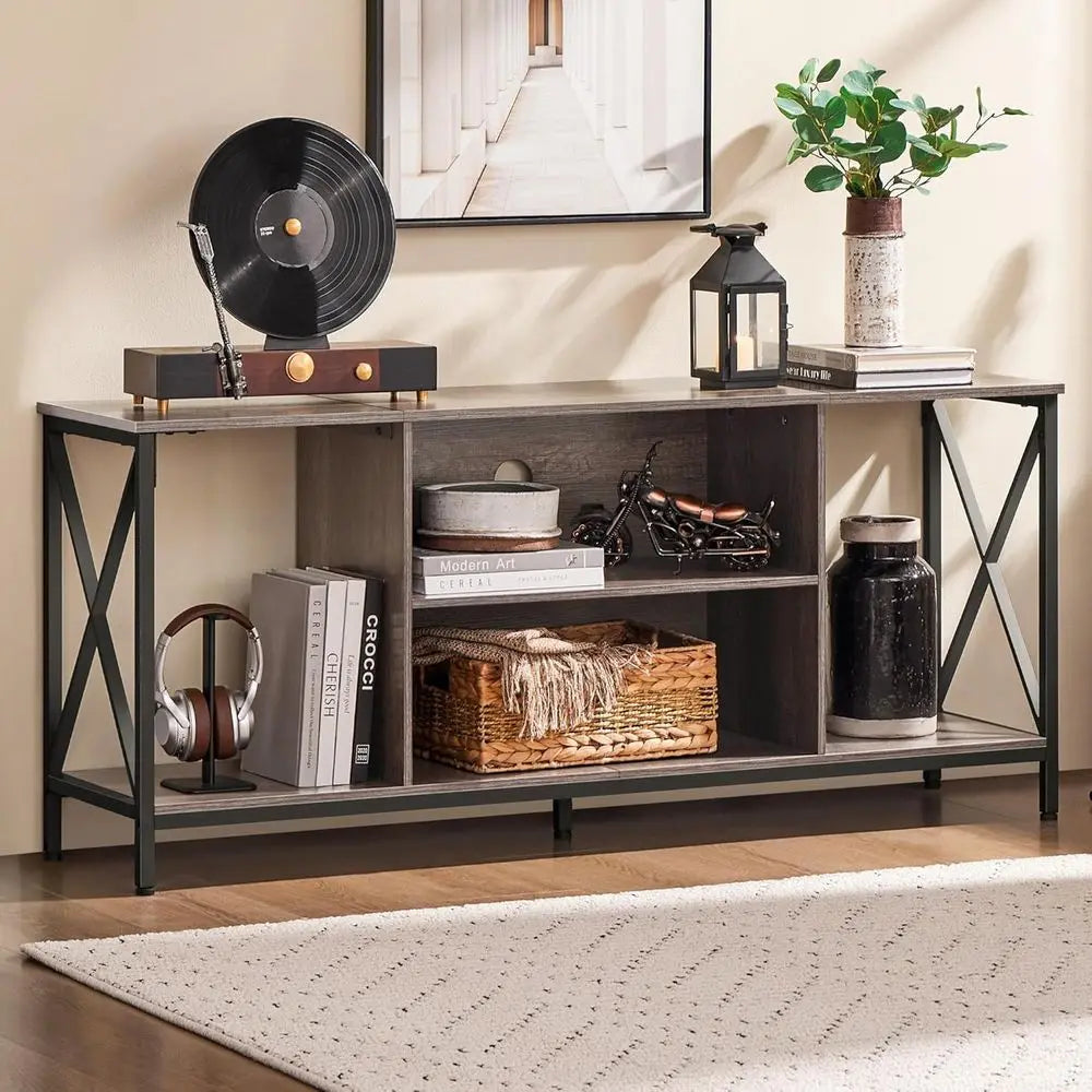 Modern Wood TV Stand Media Entertainment Center With Storage Shelves