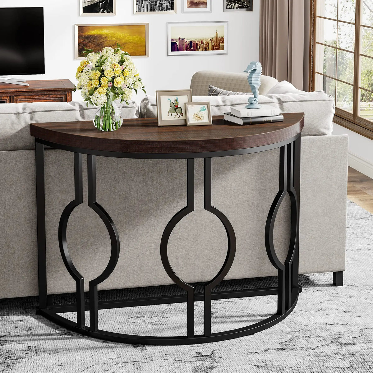 Tribesigns Half Moon Console Table With Geometric Base for Entryway