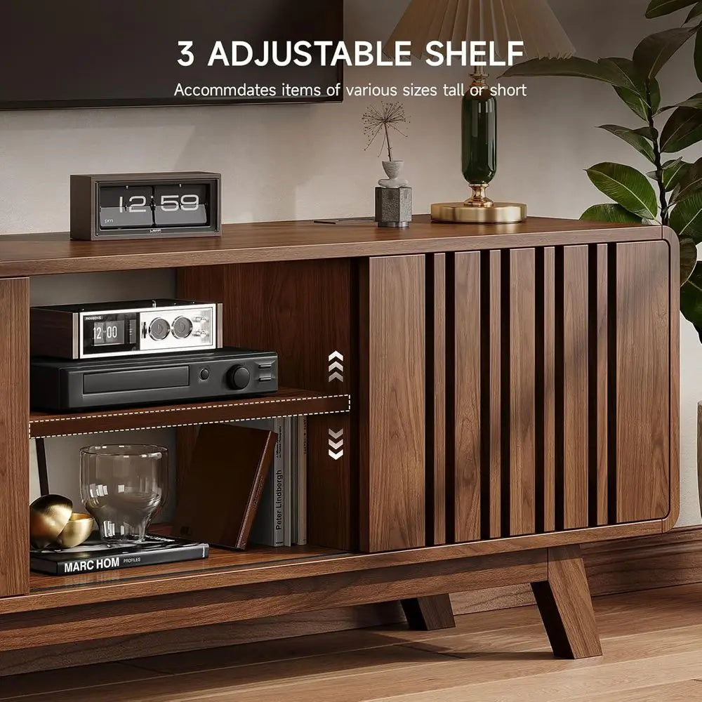 Modern TV Stand With Power Outlet And Sliding Grille Door