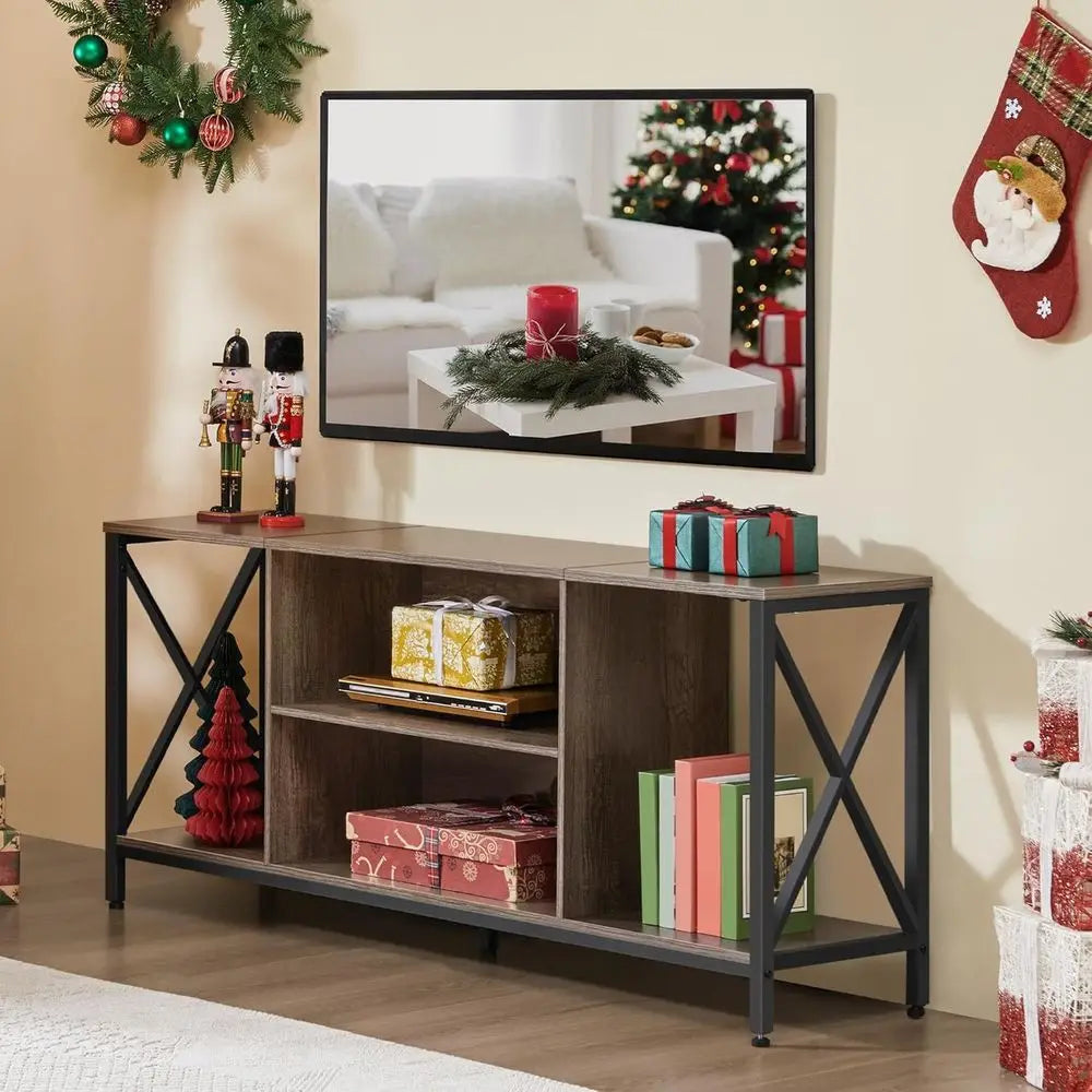 Modern Wood TV Stand Media Entertainment Center With Storage Shelves