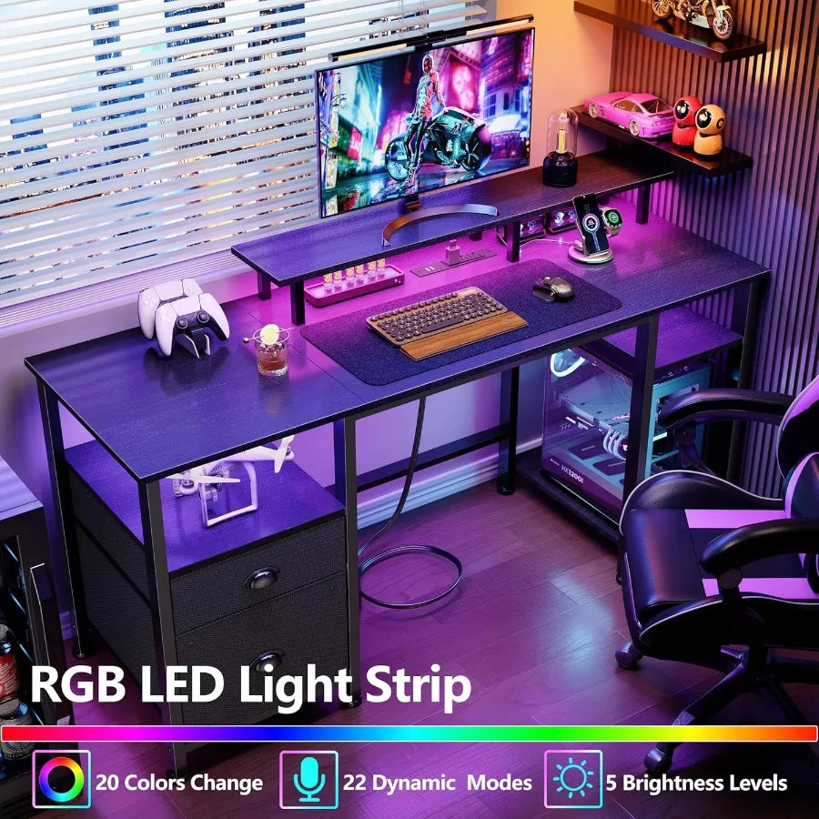 Gaming Computer Desk With Power Outlets And LED Lighting