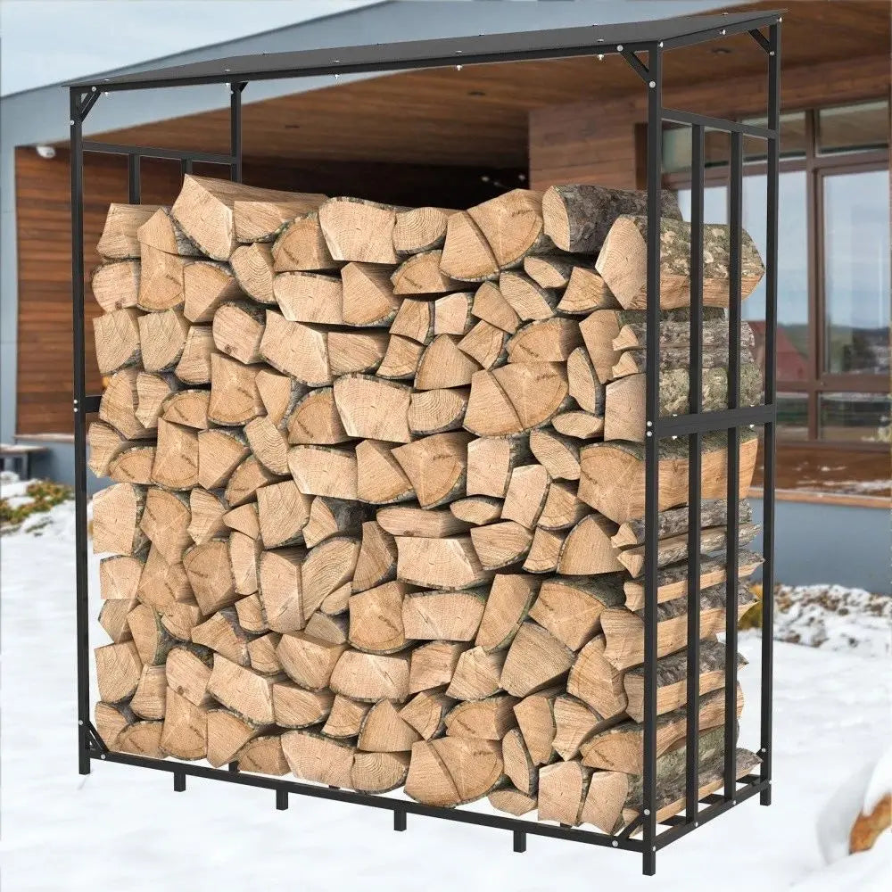 Heavy Duty Metal Firewood Rack With Cover For Outdoor Storage