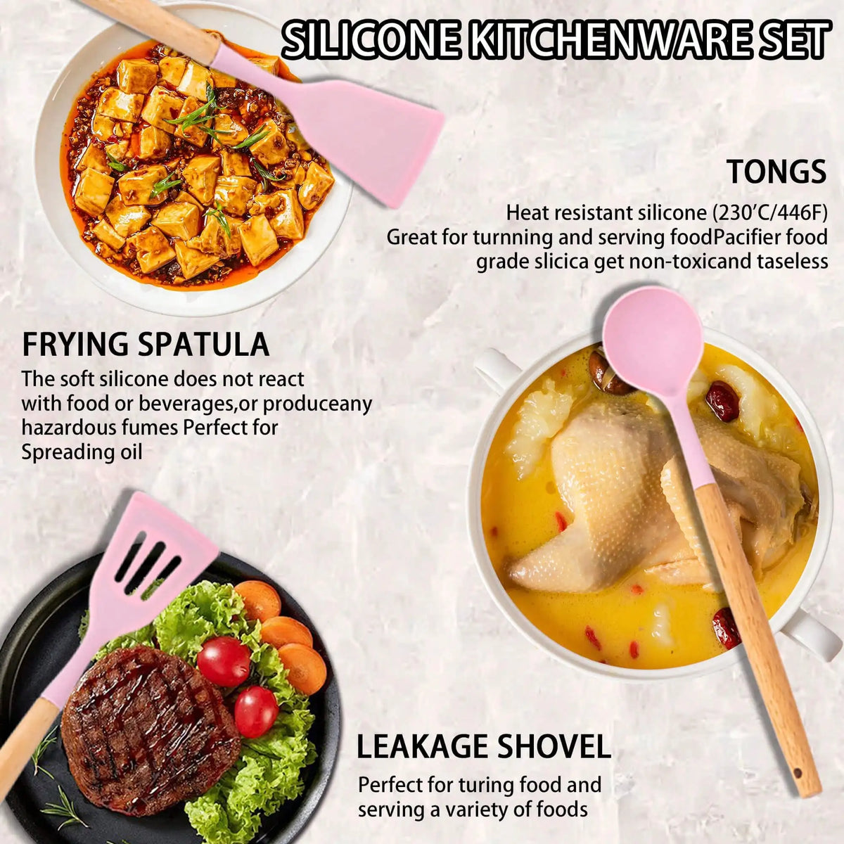Silicone Cooking Utensil Set With Wooden Handles And Steel Accessories