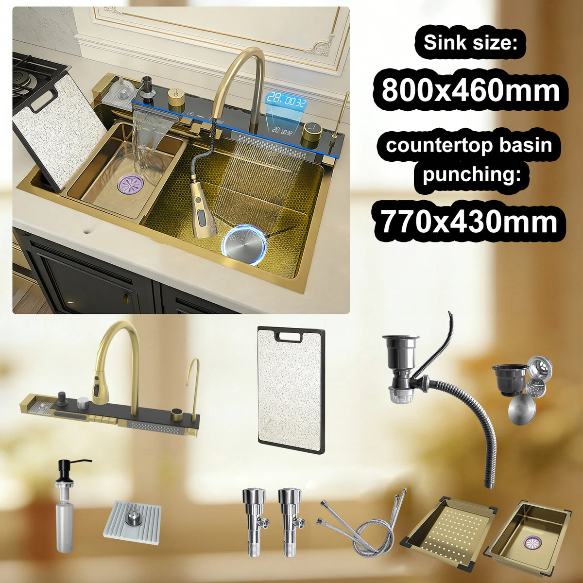 TELISIYA Stainless Steel Kitchen Sink With Waterfall Digital Display