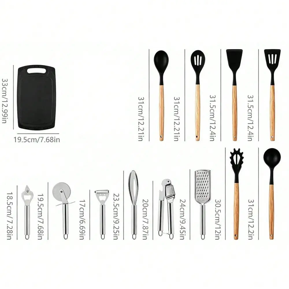 Silicone Cooking Utensil Set With Wooden Handles And Steel Accessories