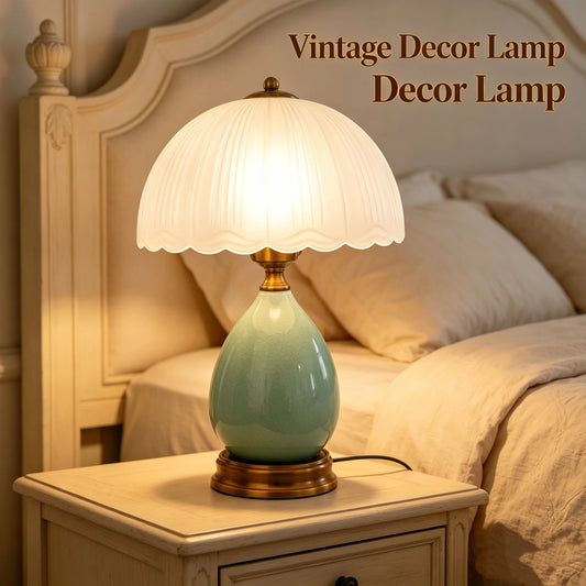 Vintage Ceramic Table Lamp With Pleated Frosted Glass Shade