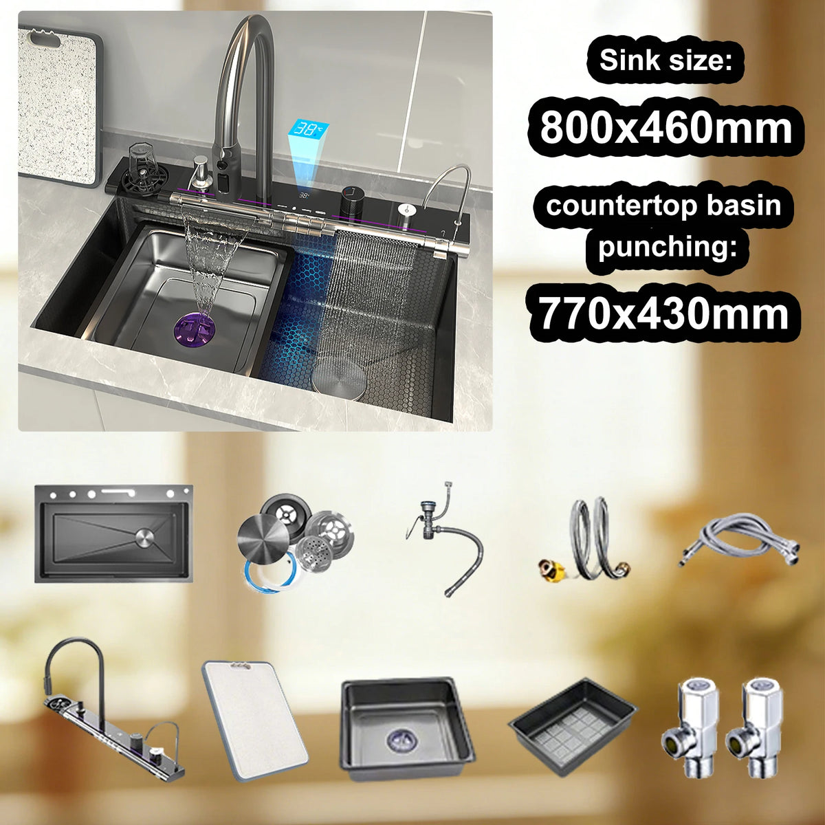 TELISIYA Stainless Steel Kitchen Sink With Waterfall Digital Display