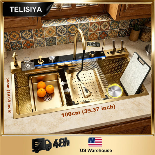 TELISIYA Stainless Steel Kitchen Sink With Waterfall Digital Display