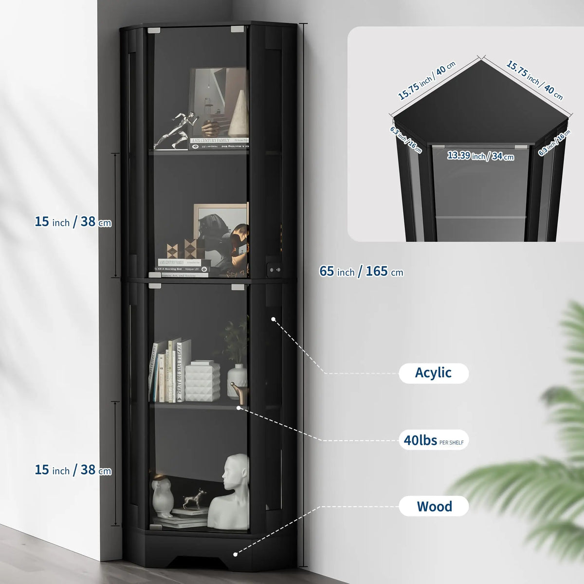 HiMISS Lighted Glass Corner Display Cabinet With Shelves for Collectibles