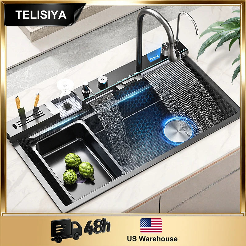 TELISIYA Stainless Steel Kitchen Sink With Waterfall Digital Display