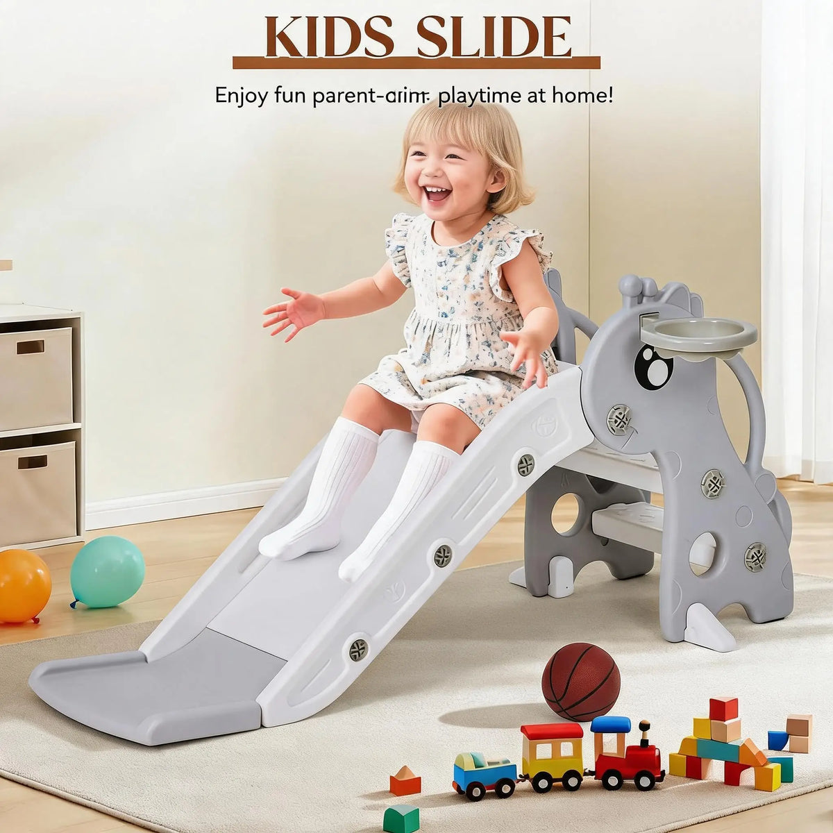 HiMISS Toddler Slide With Basketball Hoop And Climber Playset