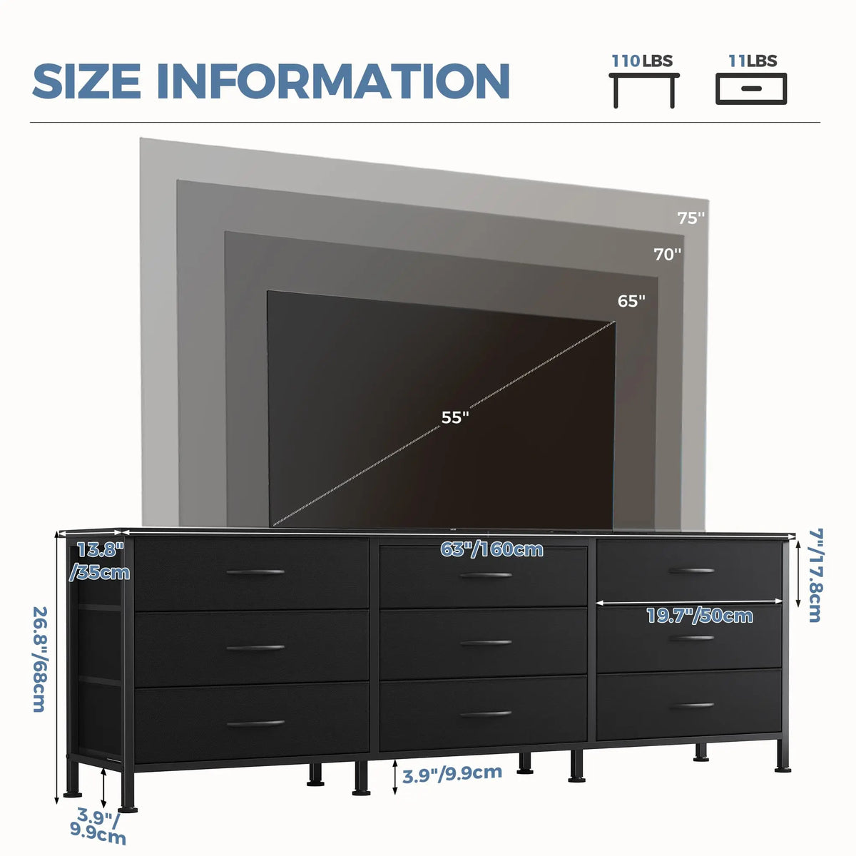 JHK Modern TV Entertainment Center With Fabric Drawer Storage Display Unit