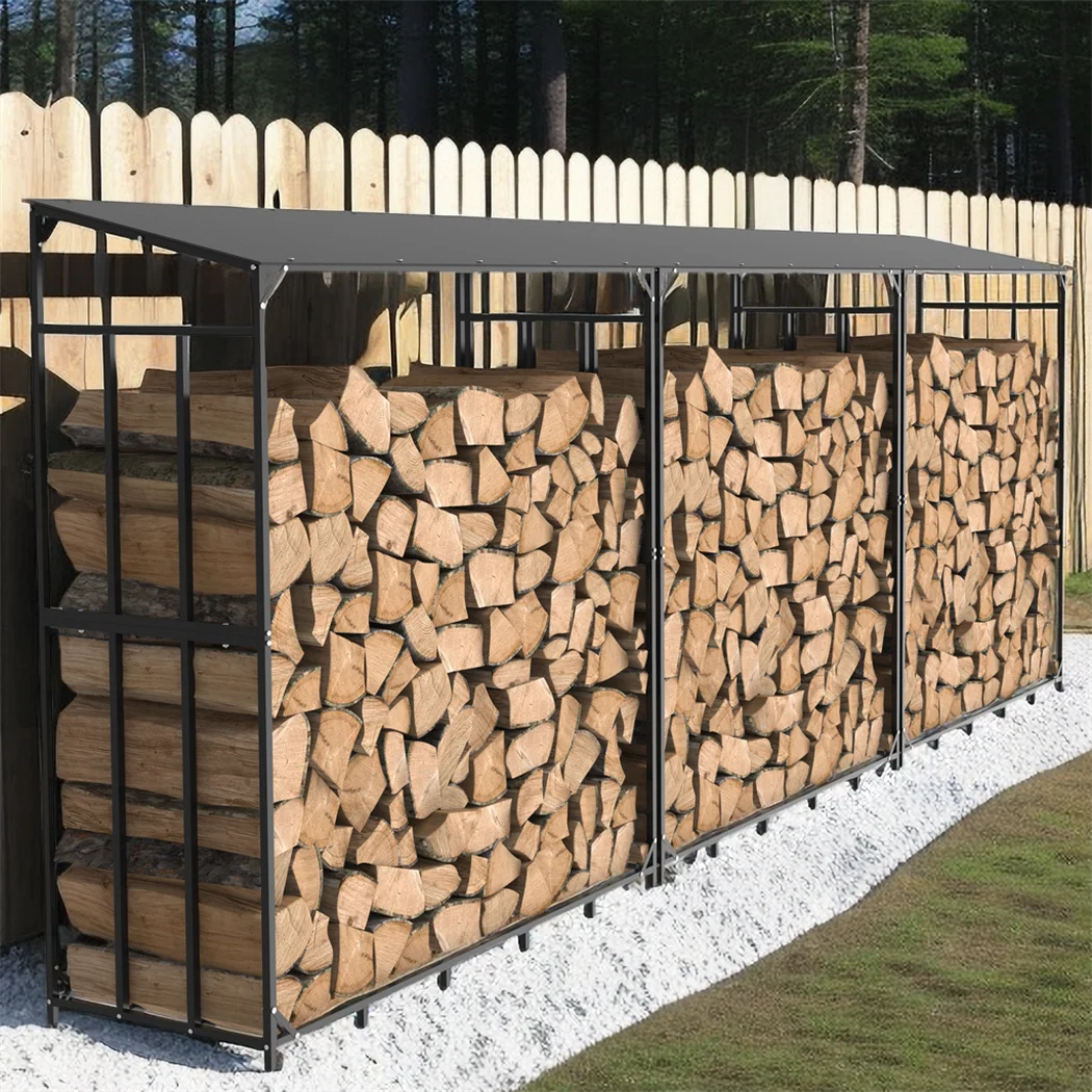 Heavy Duty Metal Firewood Rack With Cover For Outdoor Storage