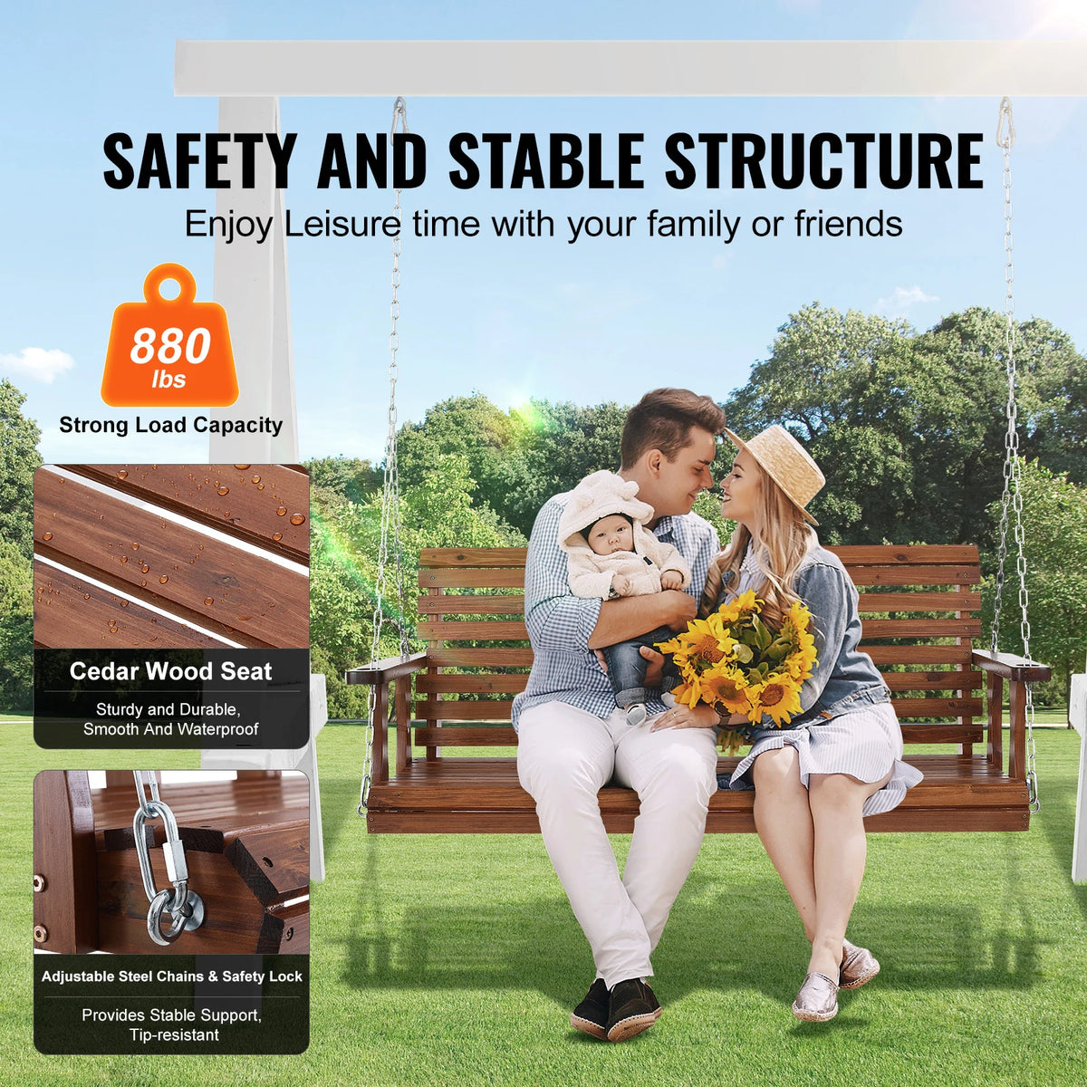 SucceBuy Wooden Porch Swing Bench for Patio Garden Outdoor Seating