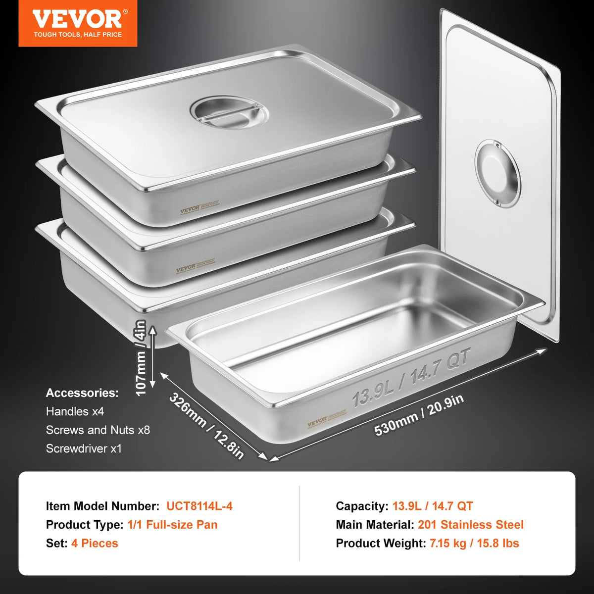 SucceBuy Stainless Steel Anti-Jam Steam Table Pans With Lids