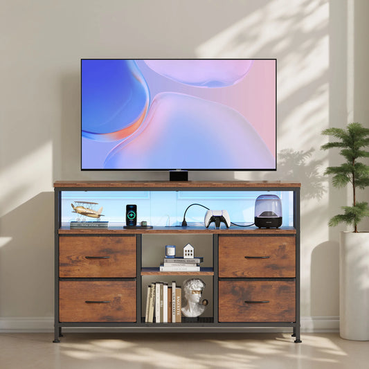 JHK TV Stand Dresser With LED Lights And Power Outlets